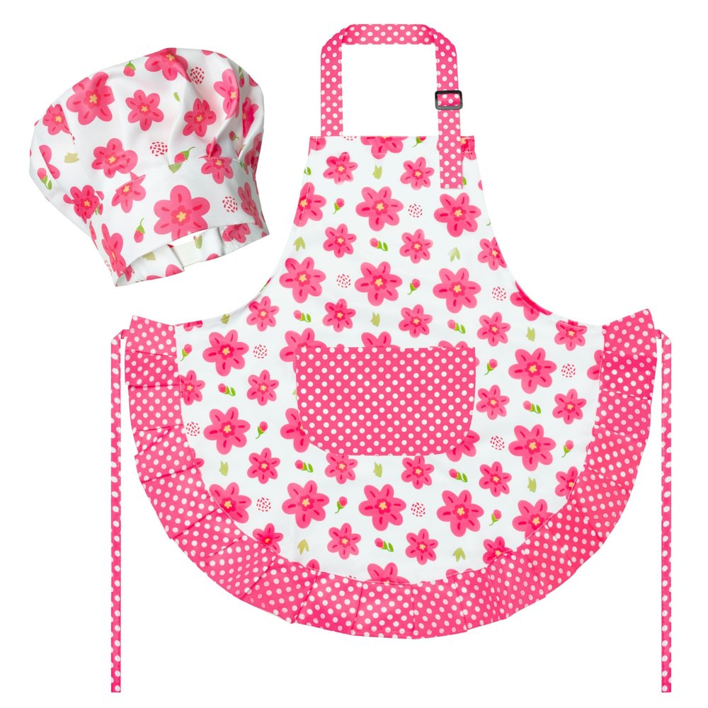 R HORSE Kid Apron and Chef Hat Set - 2Pcs Adjustable Children Pink Flower Kitchen Toddler Apron for Girls, Role Play Chef Toy Cooking Baking Painting and Training Kits Kid Funny Cooking Birthday Gift
