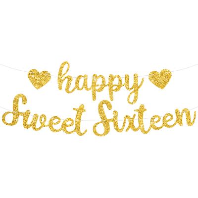 BEISHIDA Gold Happy Sweet 16 Birthday Banner, Pre-Strung Glitter Happy 16 Birthday Decoration for GirlsHappy 16th Birthday Sign for Women, Girls