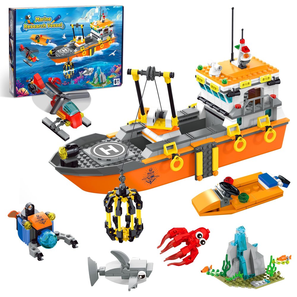AKWME City Ocean Explorer Ship Building Set, Exploration Boat Set Toy Building Block with LED Lights, Helicopter, Submarine and Shark Cage, Birthday Gifts for 6 8 10 12 Years Old Boys Kids Girls
