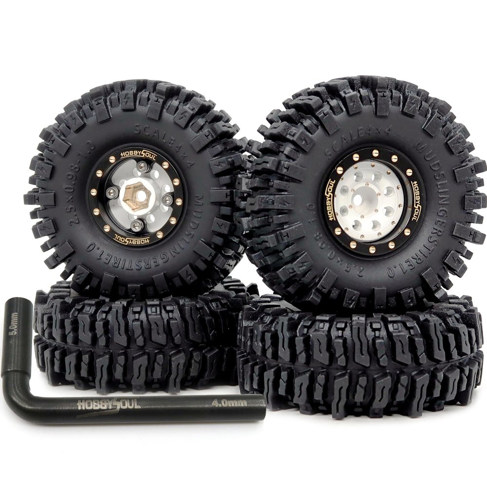 HOBBYSOUL Brass 1.0 beadlock Wheels and Tires 64mm Tall Mud Slingers Tyres & Adjustable Offset 1'' Rims for RC Crawler 1/18 TRX4M 1/24 SCX24 Upgrades, HS701460