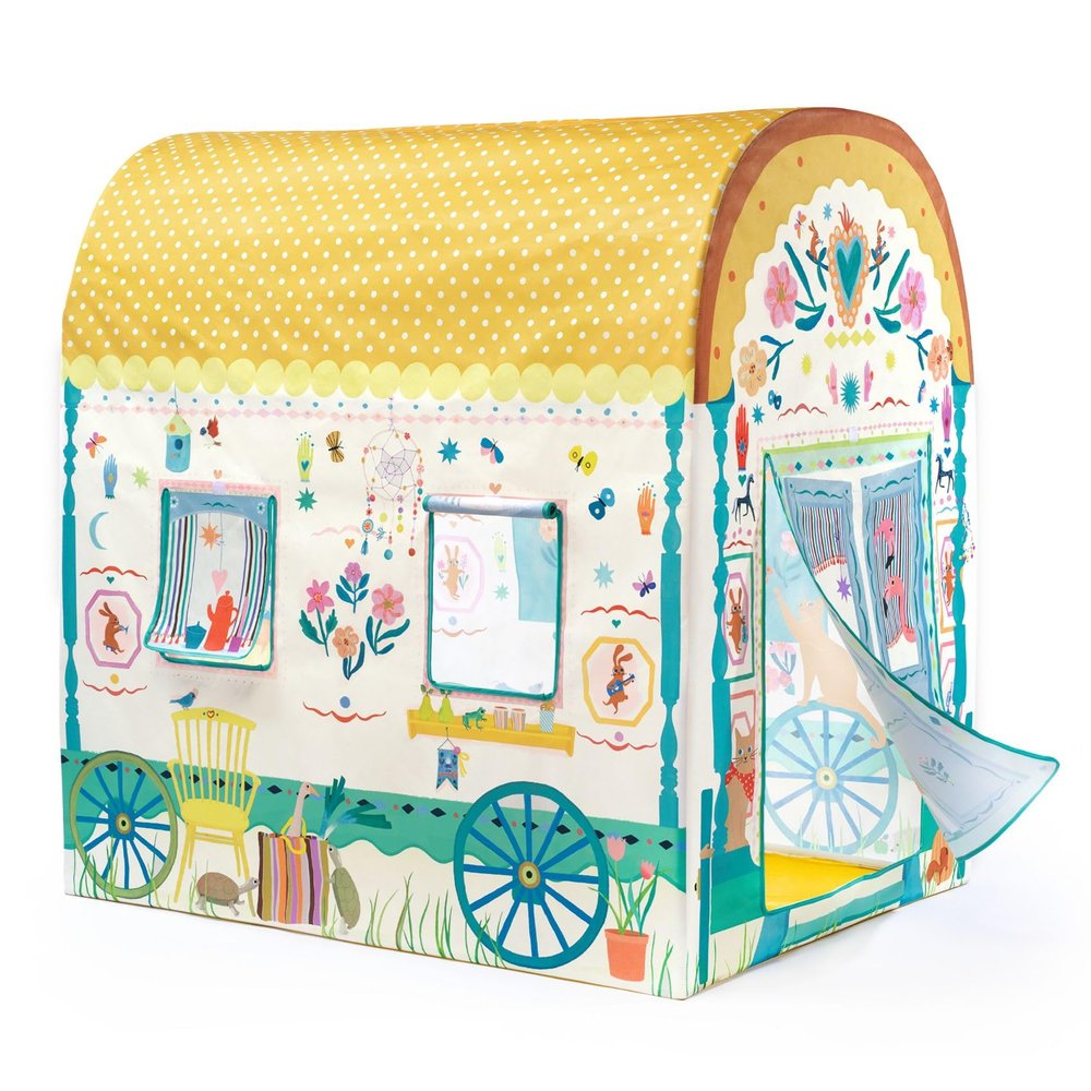 DJECO - Caravan Tent 130x106 cm - for Kids Ages 3+ - Indoor Playhouse Whimsical Imaginative Play Fabric and Easy Assembly