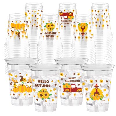 100 Pcs Thanksgiving Disposable Cups 12 oz Fall Party Cups Autumn Clear Plastic Cups Gnome Turkey Pumpkin Truck Fall Party Drinkware for Ice Liquor Coffee Juice Autumn Thanksgiving Party Supplies