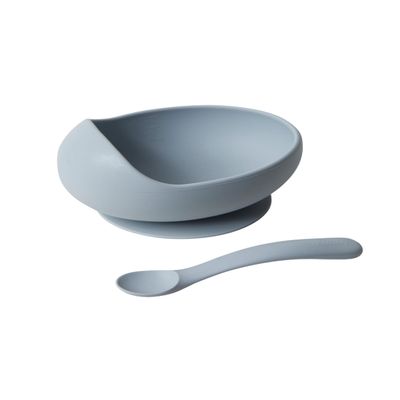 Konny Baby Bowl Microwaveable Silicone & Spoon Set, Self Feeding Essentials Baby Led Weaning Supplies -Grey Seed