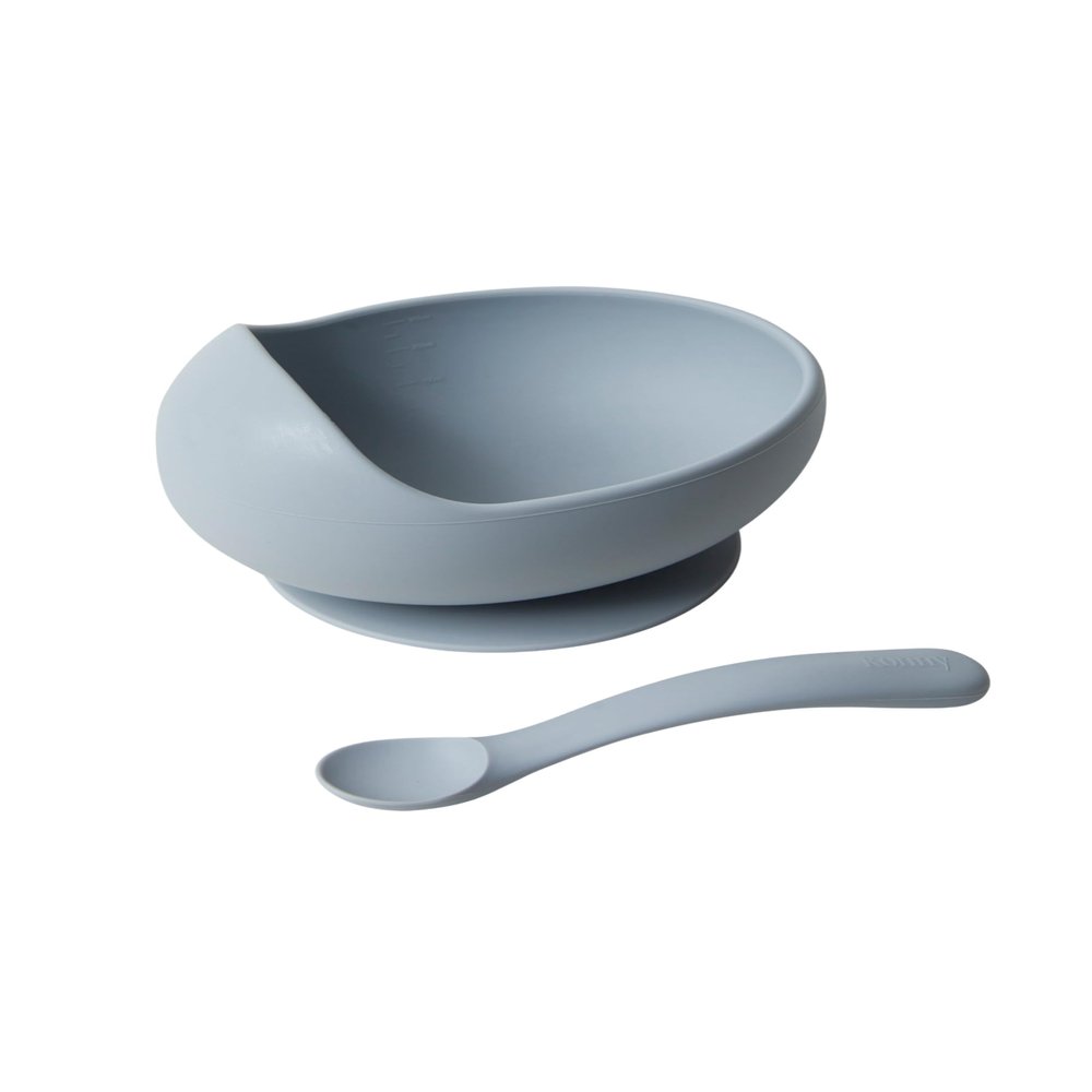 Konny Baby Bowl Microwaveable Silicone & Spoon Set, Self Feeding Essentials Baby Led Weaning Supplies -Grey Seed