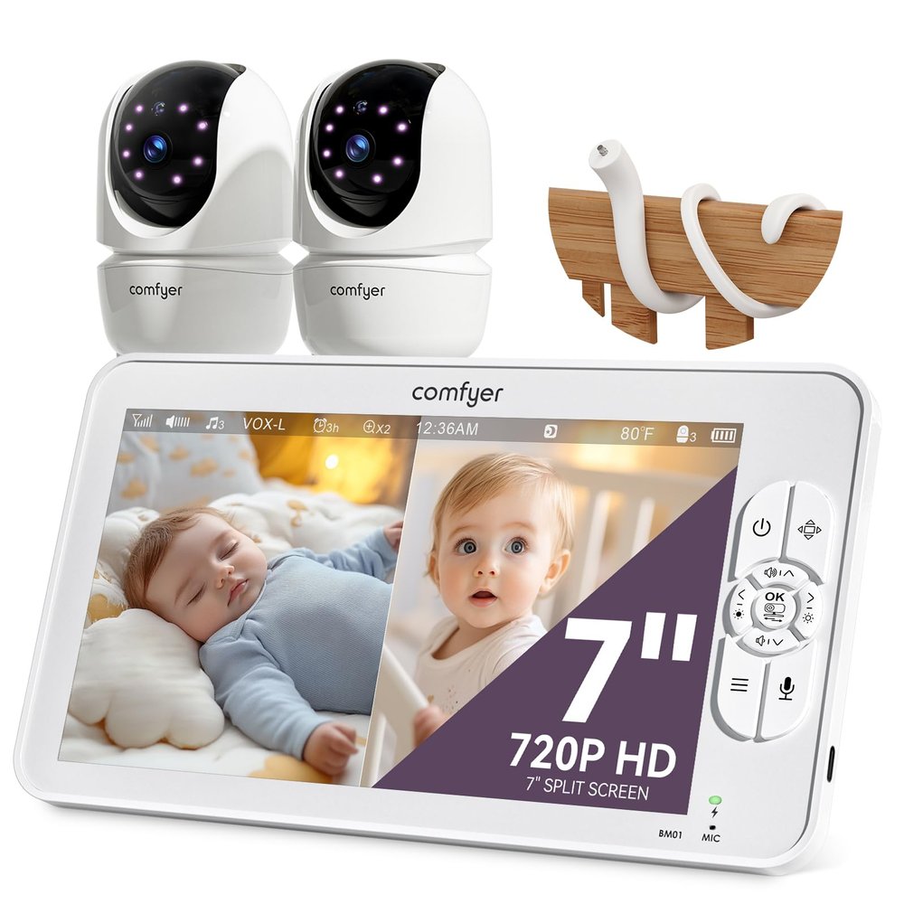 Comfyer 7" HD Split-Screen Baby Monitor with 2 Cameras, Video Baby Monitor with Camera and Audio, Flexible Bracket, Non-WiFi, VOX Mode, 2 Way Audio, Remote PTZ, Auto Night Vision