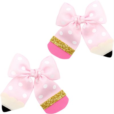 2Pcs Back To School Hair Bows Pink Pencil Hair Clips Grosgrain Ribbon Bow Hair Accessories First Day of School for Girls Toddler Kids Kindergarten 1st 2nd 3rd 4th 5th Grade
