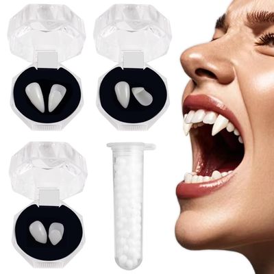 3 Pairs Halloween Vampire dentures and fangs - realistic vampire fangs dentures, 3 sizes with adhesive, 13mm, 15mm, and 17mm, Halloween role-playing props, party gifts, makeup ball accessories gifts