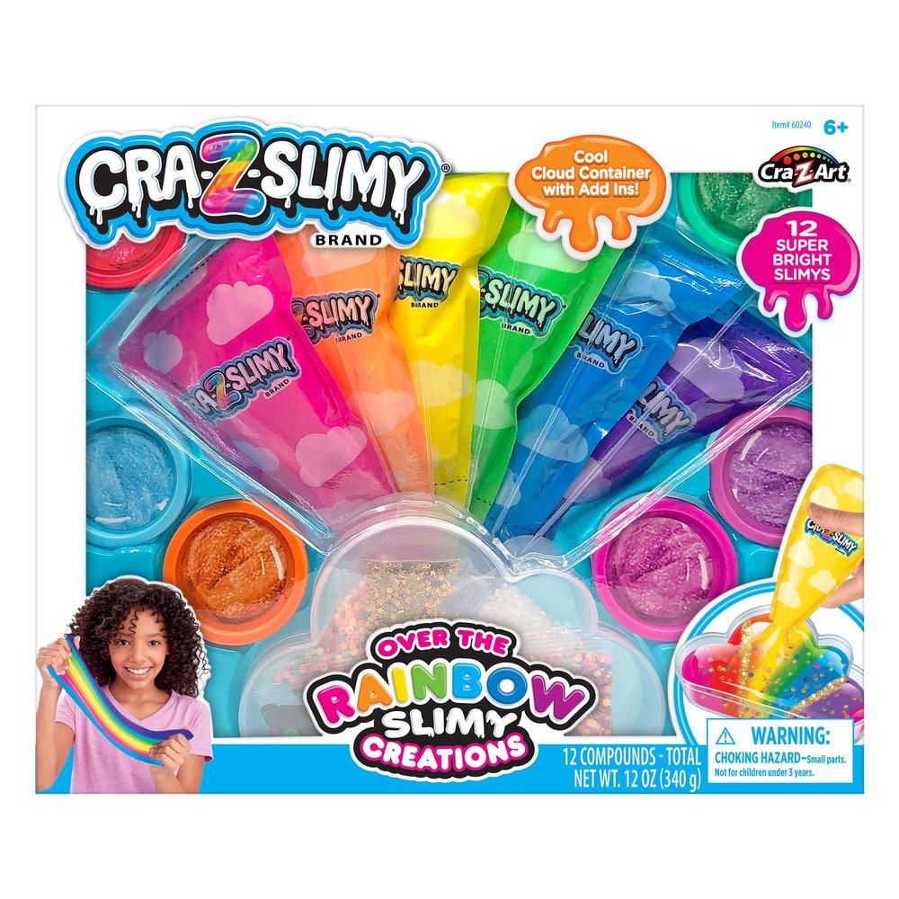 CRA-Z-Slimy Over The Rainbow Slimy Creations Kit, 12 Pre-Made Rainbow Slimes with Piping Bags, Glitter Charms & Cloud Container, Party Slime Kit for Kids Ages 6+