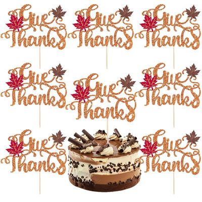 Thanksgiving Day Cake Toppers - Fall Give Thanks Large Cupcake Topper With Red Brown Maple Leaf Design, Glitter Pick for Happy Party Cake Decoration (8 Packs)