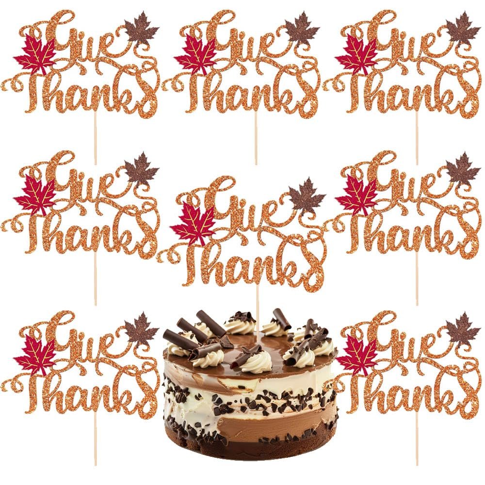 Thanksgiving Day Cake Toppers - Fall Give Thanks Large Cupcake Topper With Red Brown Maple Leaf Design, Glitter Pick for Happy Party Cake Decoration (8 Packs)