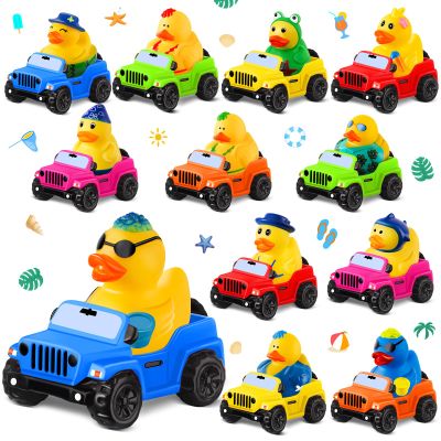 24 Pcs Summer Rubber Ducks for Jeeps, Summer Beach Rubber Ducks, 3.5 Inch Ducks for Jeeps ,2 Inch Ducks for Ducking, 12 Summer Ducks with 12 Cars, Summer Party Favors Gifts Swimming Pool Water Toys