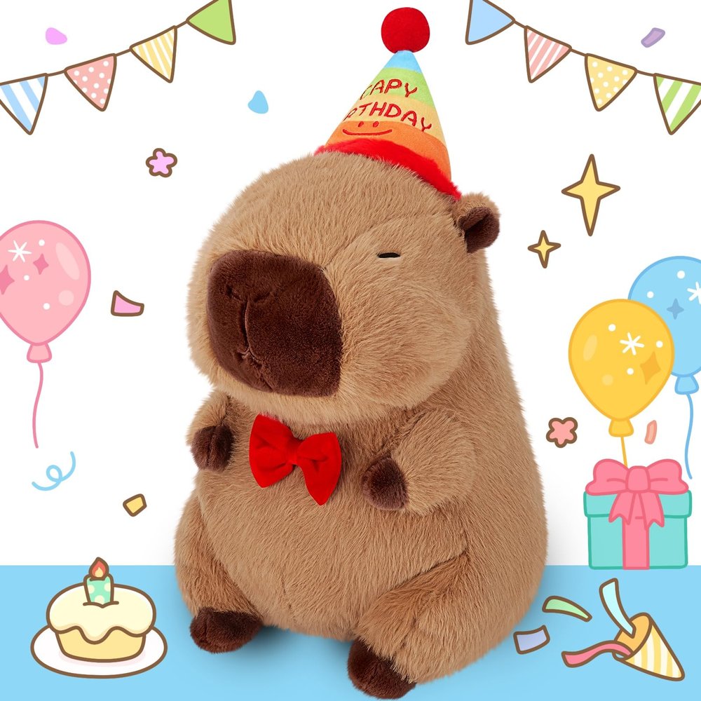 Achwishap Capybara Plush,Happy Birthday Capybara Stuffed Animal,Cute Plushies Capybaras Plush Toys,Kawaii Plushie Stuffed Toy with Birthday Hat Plushie for Kids Adults Birthdays Gifts,Brown 18