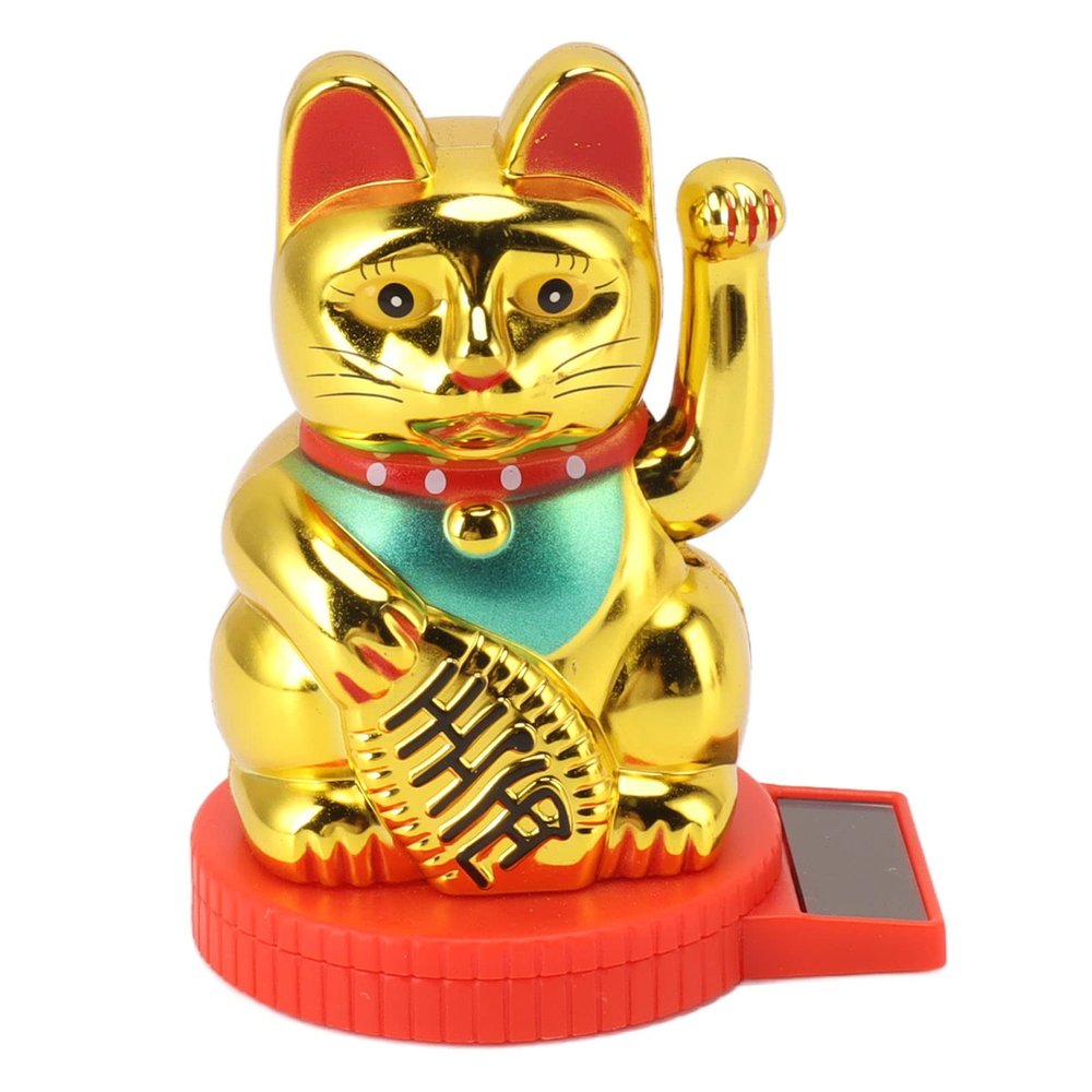 FLEXMAN Solar Powered Waving Arm Cat Ornament Welcoming Waving Hand Up Wealth Fortune Lucky Cat for Fortune Money Good Luck (Gold)