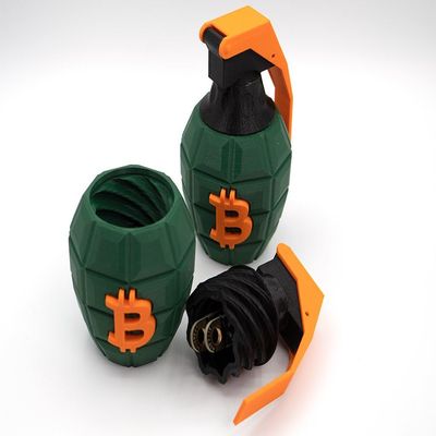 CryptoCloaks 3D Printed Bitcoin Grenade Toy, Stores 2 Opendime Bitcoin Wallets (Green Body with Orange Bitcoin B)