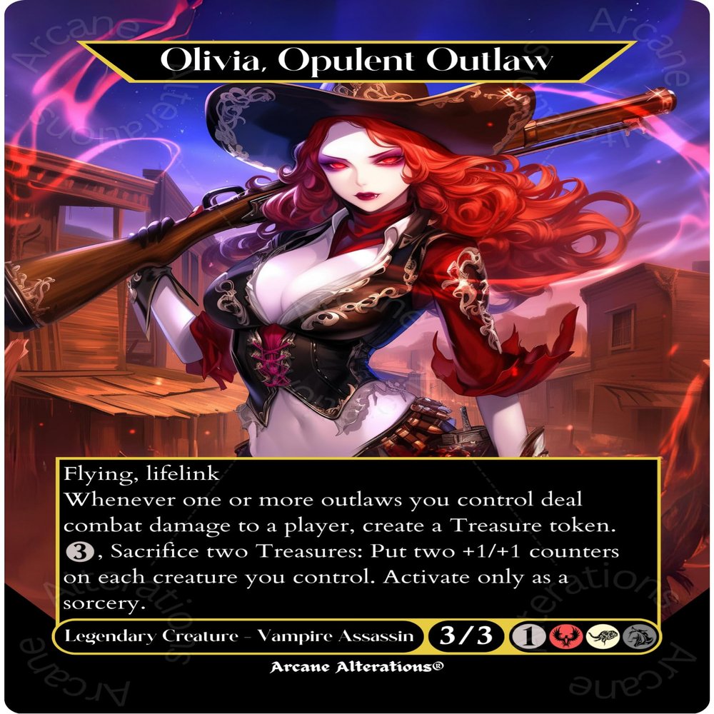 Arcane Alterations Olivia, Opulent Outlaw - Full Art Altered Art Custom Proxy Cards