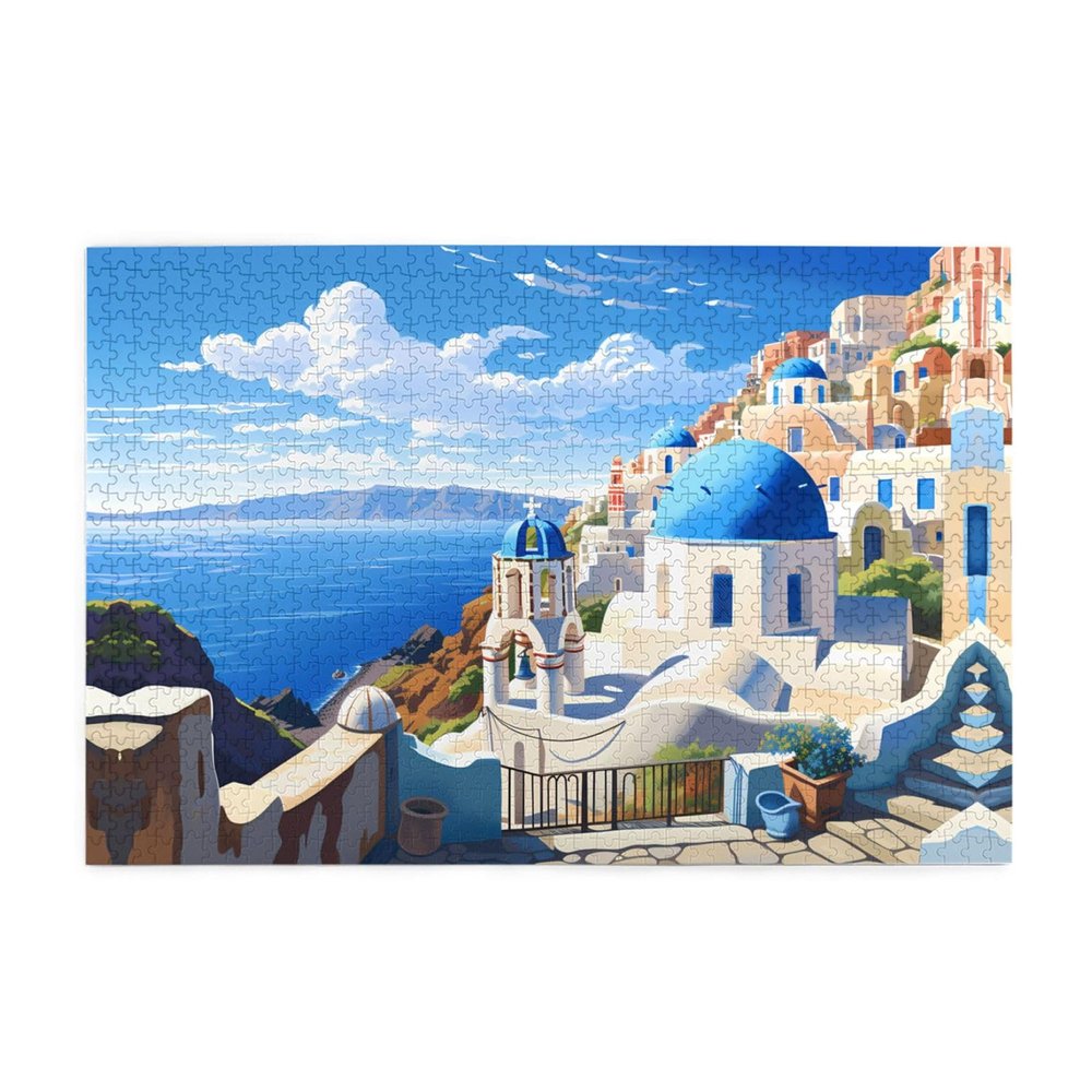 KINGNOYI Santorini Greek Island Sea View Jigsaw Puzzles1000 Piece Educational Intellectual Wooden Puzzles, Fun Puzzles, Stress Relieving Puzzles, White
