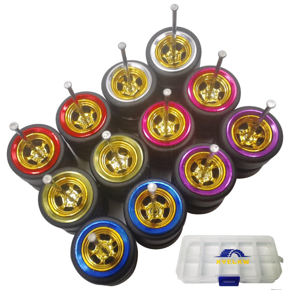 1/64 Wheels and Tires Set, 6 Set Metal Wide Edge 1/64 Wheels Tires with 6 Different Colors and Additional Assembled Hollow Adds Personality to Model Vehicles (5 spokes electroplated gold)