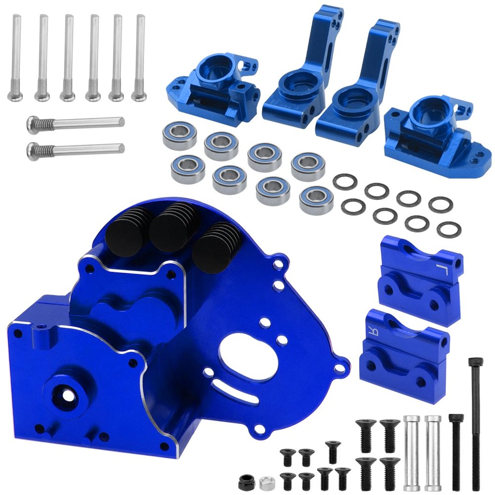 Aluminum Transmission Case Gearbox Housing Cover w/Motor Plate & Metal Rear Stub Axle Carriers, C-Hubs Caster Blocks, Steering Blocks