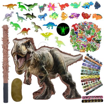 142 Pcs Dinosaur Piata Party Set - Small Jungle Dinosaur Piata Set with Blindfold and Bat Include Kids Dinosaur Themed Party Favors for Boys and Girls(Small Size Piata 14.5x12.5x3)
