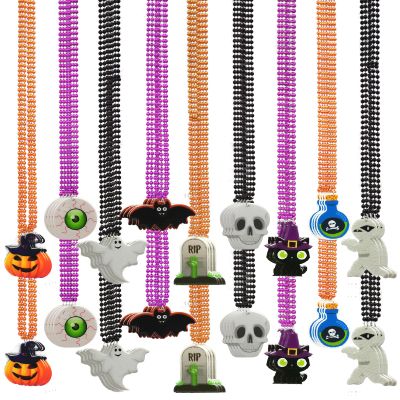 Becfupo 72 Pcs Halloween Bead Necklaces, Purple Orange Black Beaded Necklaces With Pumpkin Ghost Pendants For Halloween Party Favors, Halloween Trick or Treat Costume