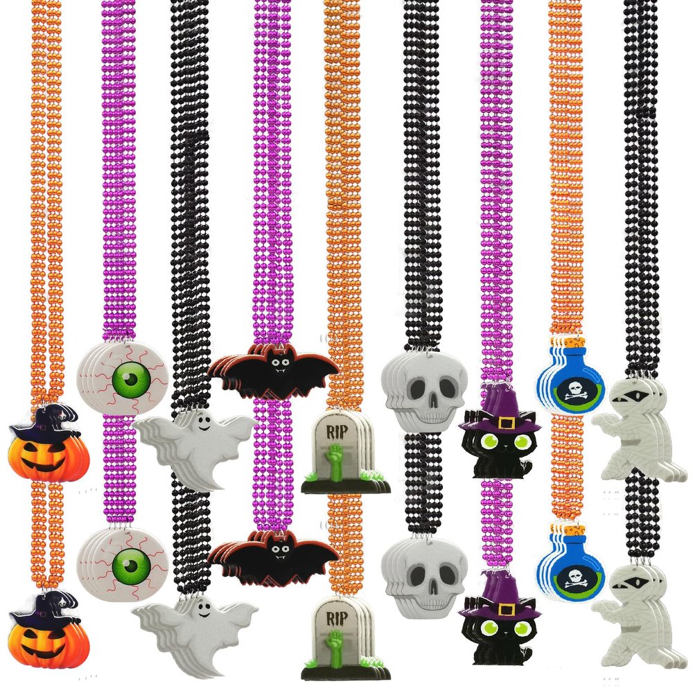 Becfupo 72 Pcs Halloween Bead Necklaces, Purple Orange Black Beaded Necklaces With Pumpkin Ghost Pendants For Halloween Party Favors, Halloween Trick or Treat Costume