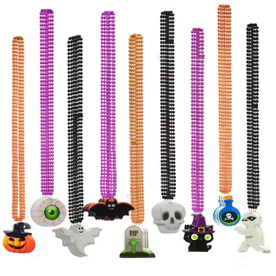 Becfupo 36 Pcs Halloween Bead Necklaces, Purple Orange Black Beaded Necklaces With Pumpkin Ghost Pendants For Party Favors, Trick or Treat Costume