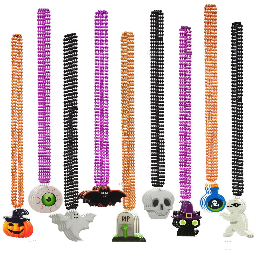 Becfupo 36 Pcs Halloween Bead Necklaces, Purple Orange Black Beaded Necklaces With Pumpkin Ghost Pendants For Party Favors, Trick or Treat Costume