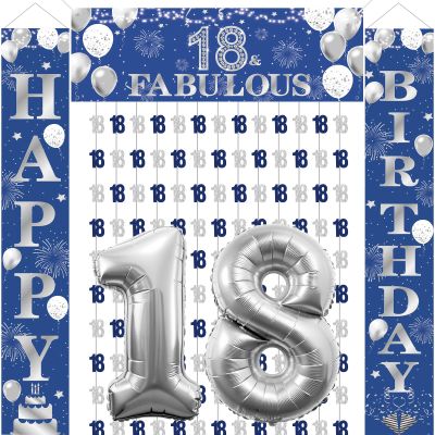 18th Birthday Decorations Time to Adult 18 & Fabulous Navy Blue Silver 18th Birthday Party Supplies 18th Birthday Door Banner and Garland Number 18 Foil Balloon for 18 Years Old Boys Girls