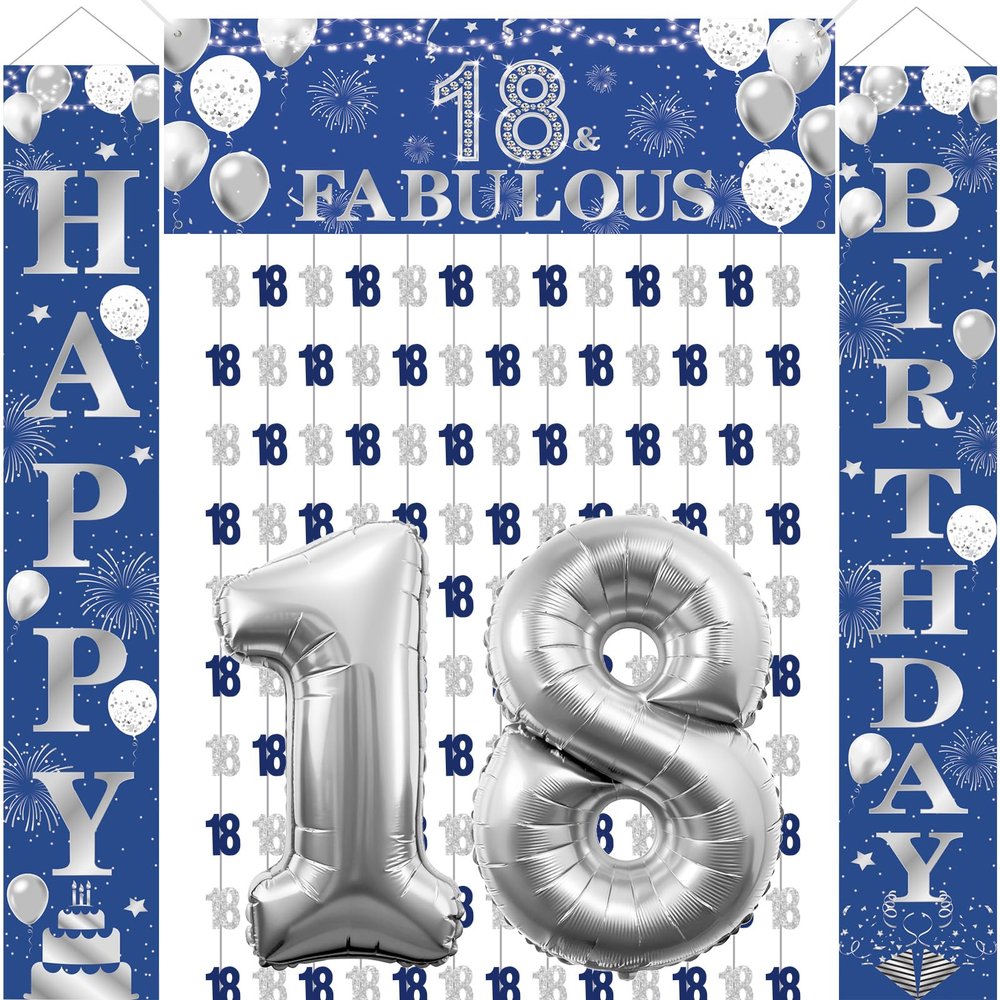 18th Birthday Decorations Time to Adult 18 & Fabulous Navy Blue Silver 18th Birthday Party Supplies 18th Birthday Door Banner and Garland Number 18 Foil Balloon for 18 Years Old Boys Girls