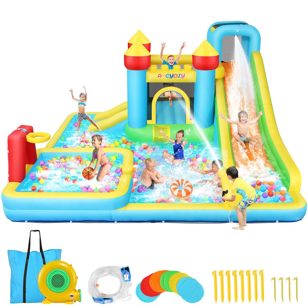 AKEYDIY Inflatable Water Slide Bounce House for Kids 3-12, Mega Water Bounce House Park w/ 2 Slides, Splash Pool & Deep Pool, Basketball Hoop, Water Cannon, 8 in 1 Backyard Water Park with Blower
