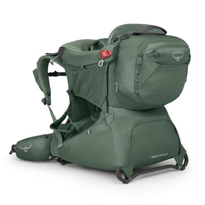 Osprey Poco Premium Child Carrier Backpack Deluxe Kid Carrier for Hiking with Built-in Sunshade, Removable Daypack, and Adjustable Fit Premium Comfort for Parent and Child, Koseret Green