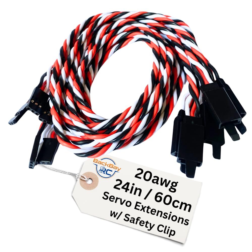 BackBayRC - 20awg Twisted Servo Extension Cable w/Safety Clip - 100 Strands for RC Vehicles, Drones, E-Bikes - 7 Lengths / 5 Wires per Pack (60CM / 24in / 2ft)