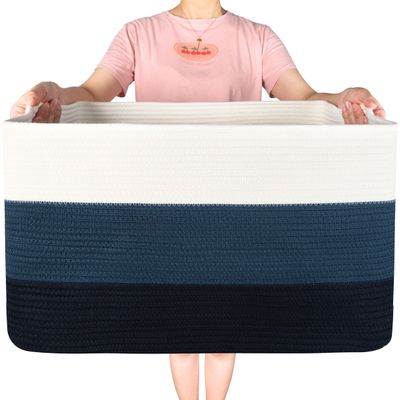 MINTWOOD Design 22in Extra Large Blanket Basket Holder Living Room, Rectangle Rope Woven Storage Basket with Handles for Laundry, Pool Towels, and Shoes, Dog Toy Organizer Bin Box, 3-Tone Blue