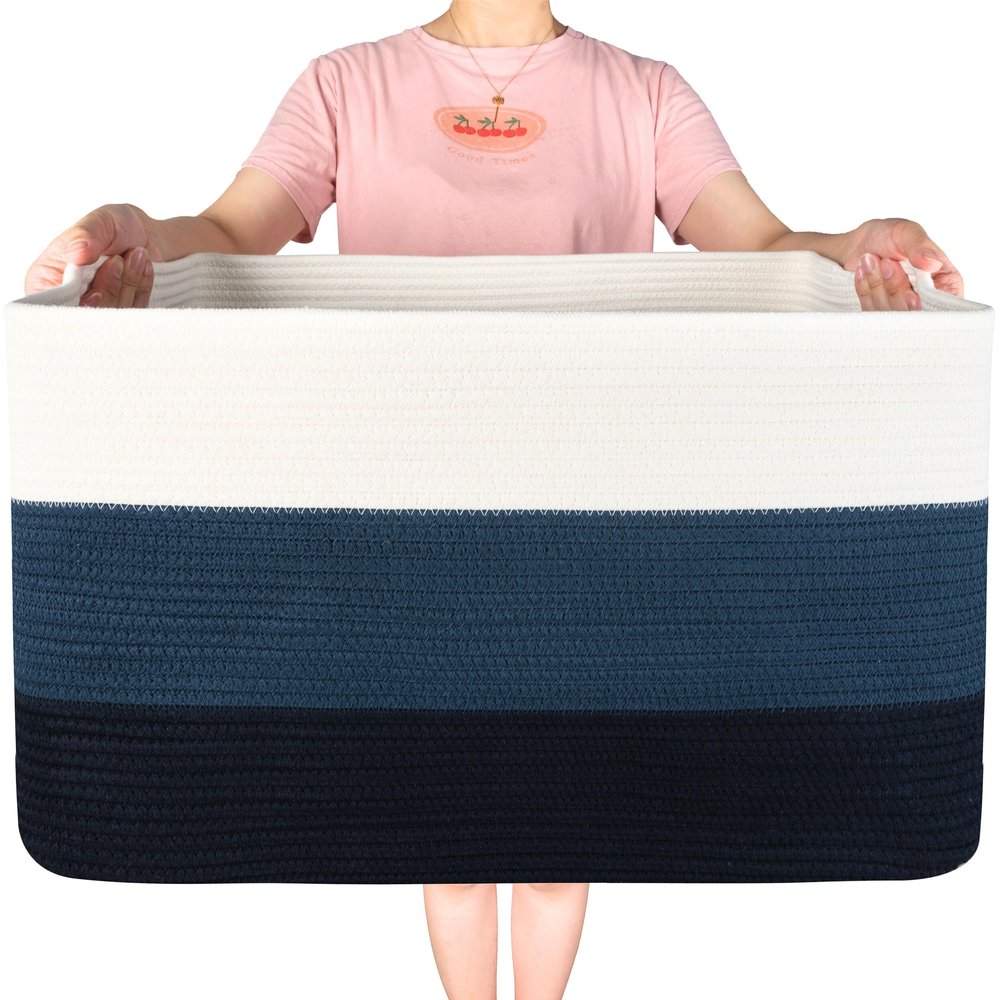 MINTWOOD Design 22in Extra Large Blanket Basket Holder Living Room, Rectangle Rope Woven Storage Basket with Handles for Laundry, Pool Towels, and Shoes, Dog Toy Organizer Bin Box, 3-Tone Blue