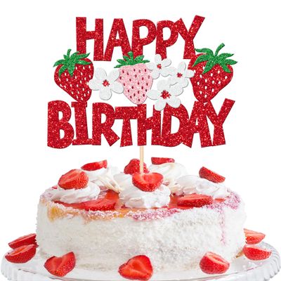 1 PCS Strawberry Happy Birthday Cake Topper Red Glitter Flower Fruit Strawberry Cake Pick Berry Birthday Cake Decoration for Strawberry Theme Baby Shower Birthday Party Cake Decorations Supplies