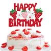 1 PCS Strawberry Happy Birthday Cake Topper Red Glitter Flower Fruit Strawberry Cake Pick Berry Birthday Cake Decoration for Strawberry Theme Baby Shower Birthday Party Cake Decorations Supplies view 1
