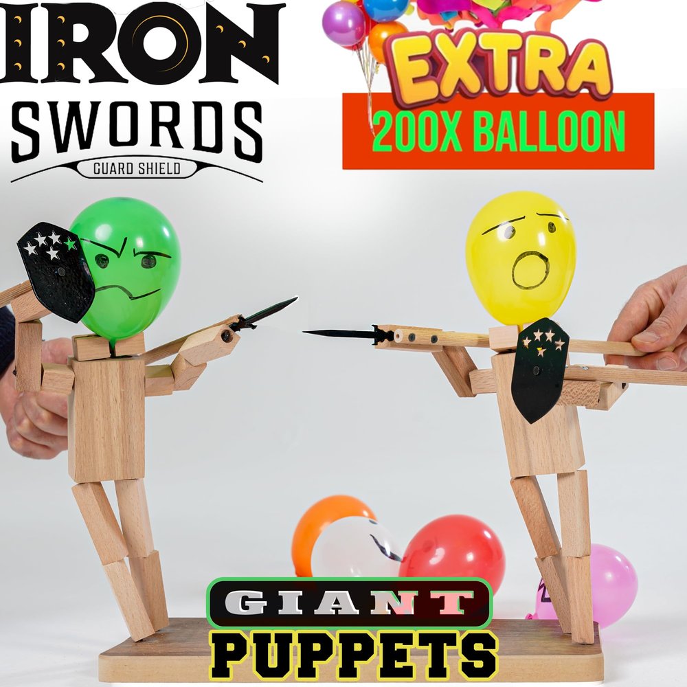 Akargol Handmade Wooden Fencing Puppets - XLarge 2025 New Sword Duel Game Best Family Board Games for Christmas 2-Player Wooden Robot Battle Balloon Game, Whack a Balloon Party Games for 2 Players
