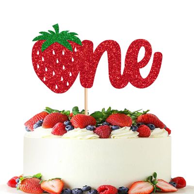 1 Pack Strawberry One Cake Topper Red Glitter Strawberry 1st Birthday Cake Pick for Fruit Theme Baby Shower Kids Birthday Party Strawberry Party Cake Decorations Supplies
