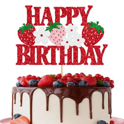 1 Pack Strawberry Happy Birthday Cake Topper Red Glitter Flower Strawberry Cake Pick for Fruit Theme Baby Shower Kids Birthday Party Strawberry Party Cake Decorations Supplies