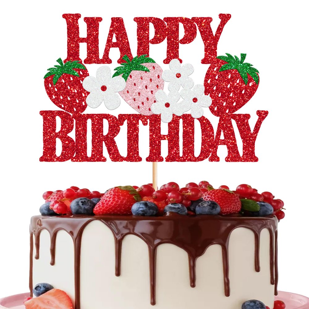 1 Pack Strawberry Happy Birthday Cake Topper Red Glitter Flower Strawberry Cake Pick for Fruit Theme Baby Shower Kids Birthday Party Strawberry Party Cake Decorations Supplies