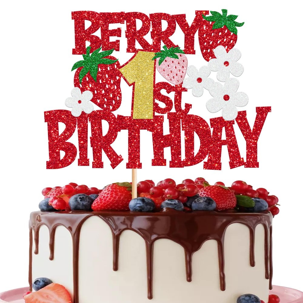 1 Pack Berry 1st Birthday Cake Topper Red Glitter Flower Strawberry Frist Birthday Cake Pick for Fruit Strawberry One Theme Baby Shower Kids Birthday Party Strawberry Party Cake Decorations Supplies