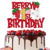 1 Pack Berry 1st Birthday Cake Topper Red Glitter Flower Strawberry Frist Birthday Cake Pick for Fruit Strawberry One Theme Baby Shower Kids Birthday Party Strawberry Party Cake Decorations Supplies view 1
