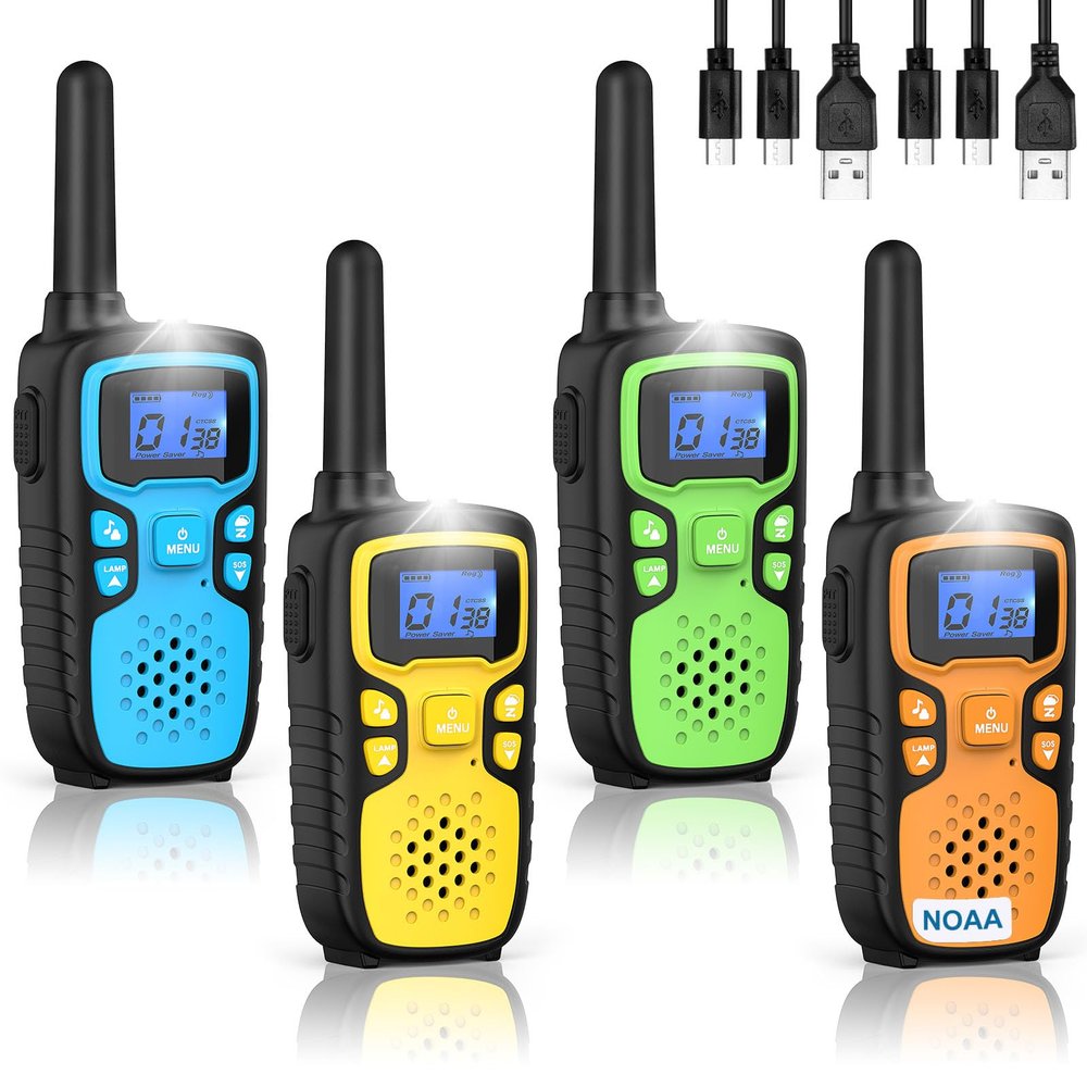 Wishouse Walkie Talkies for Kids Rechargeable Long Range,Xmas Birthday Gift for 5 6 7 8 9 10 11 12 Year Old Boys Girls,Hiking Gear Camping Games with NOAA,SOS Siren,Lamp,Lanyards,Easy to Use,4 Pack