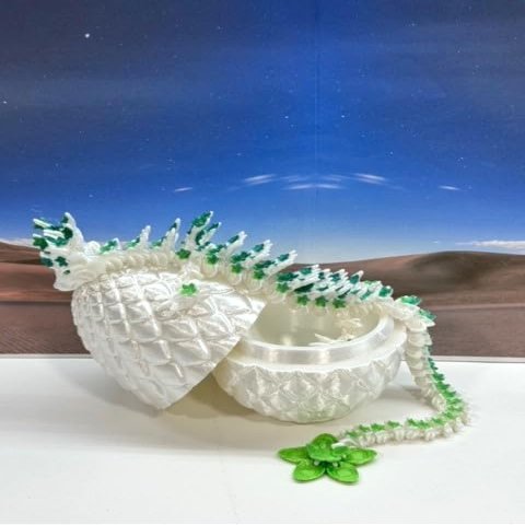 3D Printed Cherry Blossom Dragon with Dragon Egg, 12" Articulated White and Yellow Green Cherry Blossom Dragon, Home Decor Executive Desk Toys,Fidget Toys for Autism/ADHD D055-WE