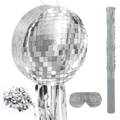 Abilat Disco Ball Pinata with Stick and Blindfold 80s 90s Theme Party Decorations Silver Mirror Disco Ball Pinata for Birthdays Weddings Roller Skating Party Supplies