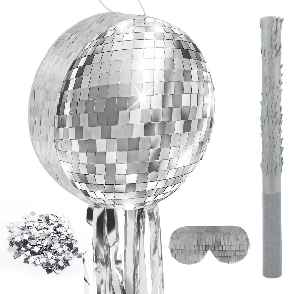 Abilat Disco Ball Pinata with Stick and Blindfold 80s 90s Theme Party Decorations Silver Mirror Disco Ball Pinata for Birthdays Weddings Roller Skating Party Supplies