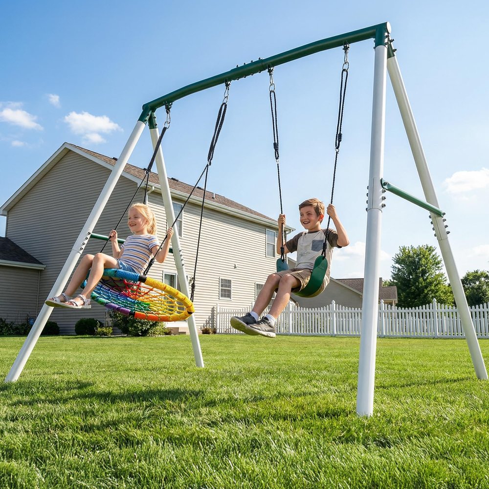 Hapfan 7.5ft Tall Swing Sets for Backyard, 500lbs Heavy Duty Swing Set for Kids and Adults with Spider Swing and Belt Swing, Outdoor Playground Sets for Backyards (Green and White)