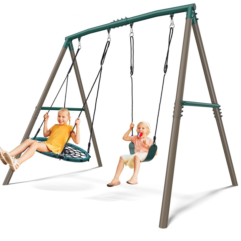 Hapfan 7.5ft Tall Swing Sets for Backyard, 500lbs Heavy Duty Swing Set for Kids and Adults with Spider Swing and Belt Swing, Outdoor Playground Sets for Backyards(Green and Brown)