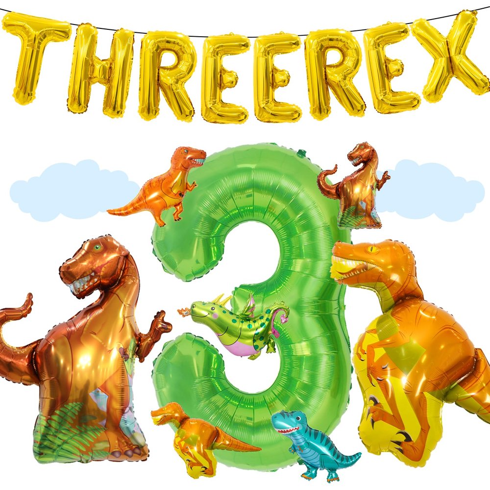 16Pcs Three Rex Balloons, Three Rex Birthday Party Decorations Boy Dinosaur 3rd Birthday Party Supplies Include Three Rex Balloon Dinosaur Foil Balloons for 3 Rex Birthday Decorations Boys