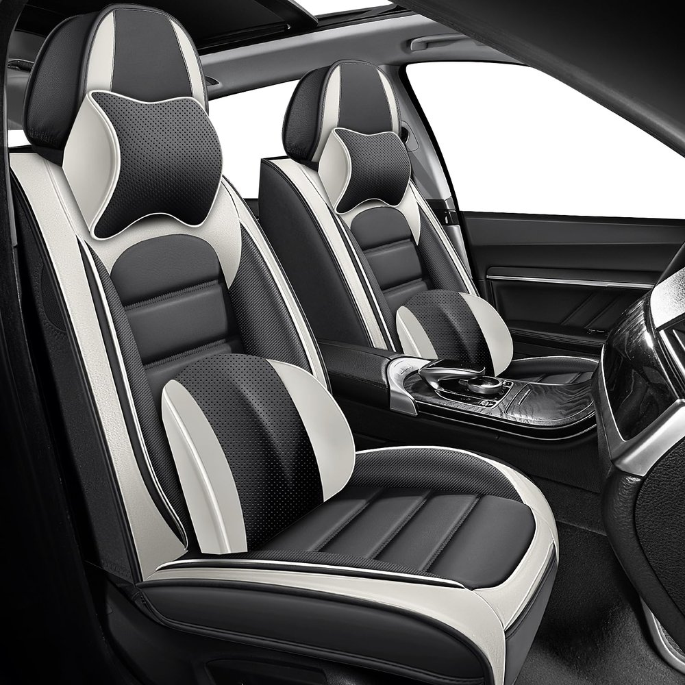 Megaseat Car Seat Covers for Chevrolet Chevy Cruze 2011-2019, Leather Auto Seat Cover Luxury Cushions Waterproof Seat Protectors (Gray White,Front Set with Pillow)